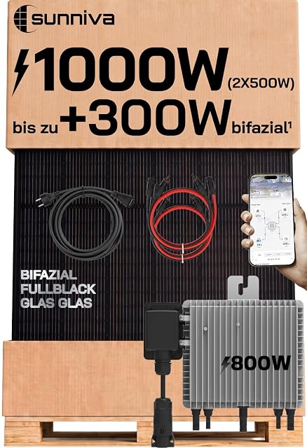 Kit solar de balcón SUNNIVA con dos módulos bifaciales vidrio-vidrio y un microinversor