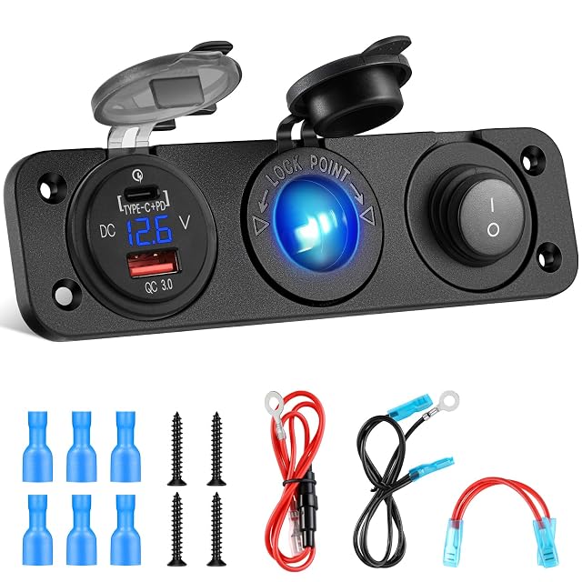 Toma de panel Kohree de 12 V con puertos USB-C, QC 3.0 y pantalla de tensión