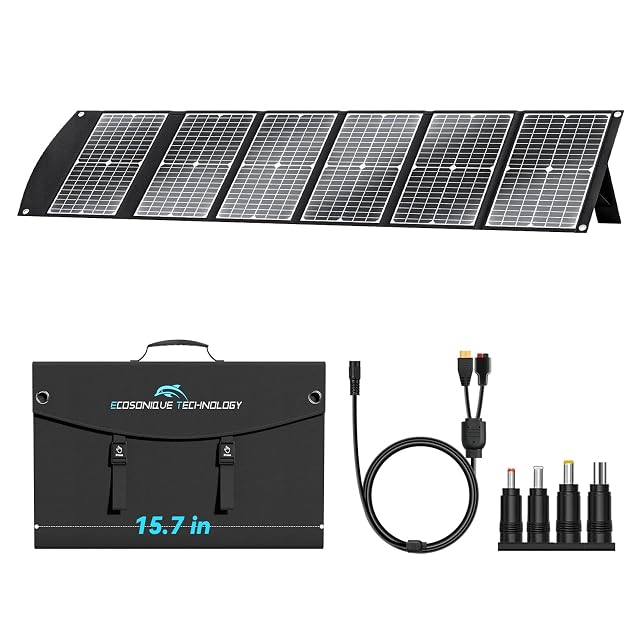 Panel solar plegable Ecosonique de 100 W con su juego de adaptadores extendido