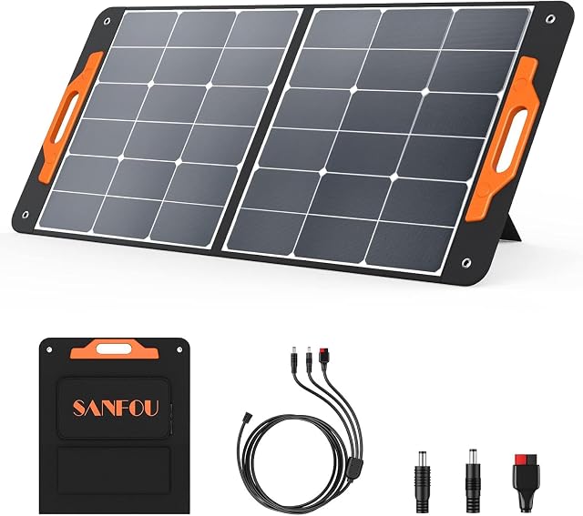 Panel solar plegable Husgw de 100 W desplegado con su asa de transporte
