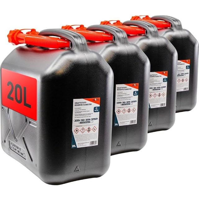 Bidones de plástico negro KOVA de 20 litros con tapones rojos, cuatro por lote