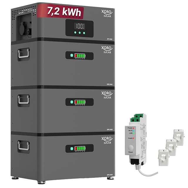 Sistema de baterías apiladas XORO SOLAR ATLAS-F con su contador inteligente