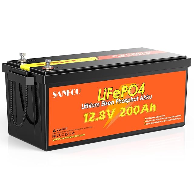 Batería LiFePO4 Husgw de 200 Ah en una caja negra grande
