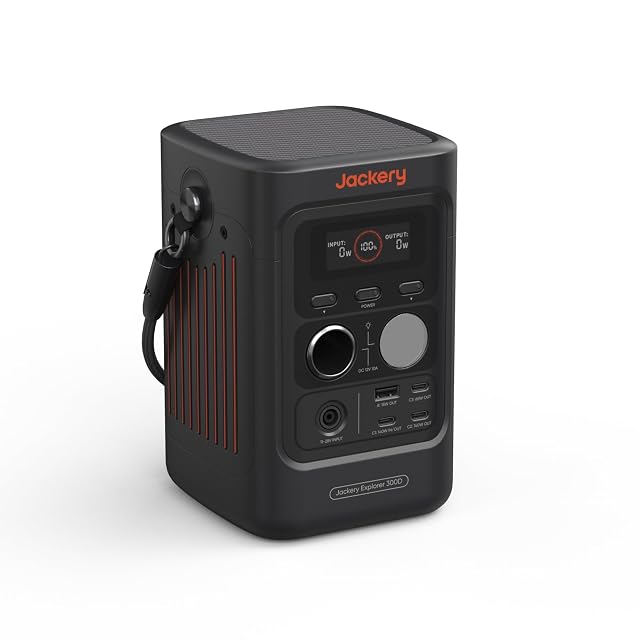 Estación de energía Jackery Explorer 300D de pie con su cable USB-C integrado como asa