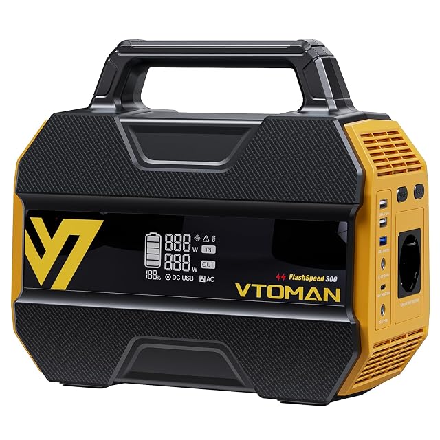 Estación de energía portátil VTOMAN FlashSpeed 300 con su pantalla y sus tomas de salida