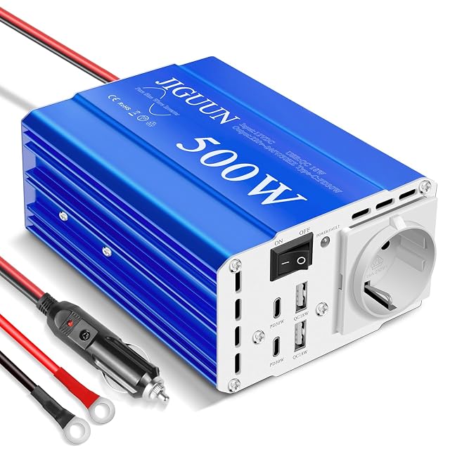 Inversor de onda senoidal pura JIGUUN de 500 W con puertos USB-C y QC