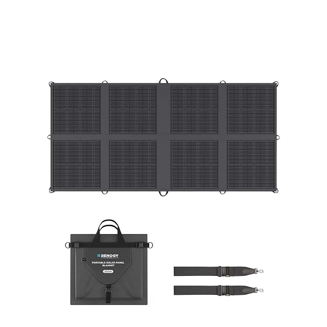 Manta solar Renogy de 200 W desplegada sobre el capó de un vehículo