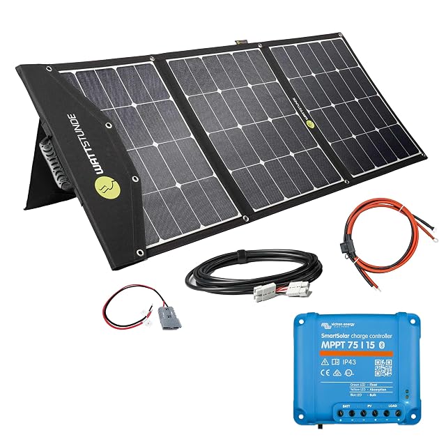 Maleta solar WATTSTUNDE SunFolder con un regulador Victron MPPT y sus cables