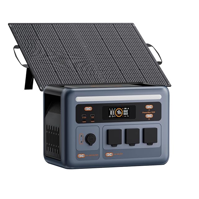 Estación de energía OSCAL PowerMax 1800SE junto a un panel solar plegable de 100 W