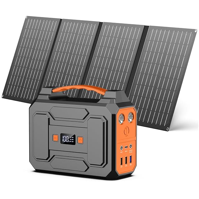 Estación de energía portátil Powkey junto a su panel solar de 40 W plegado