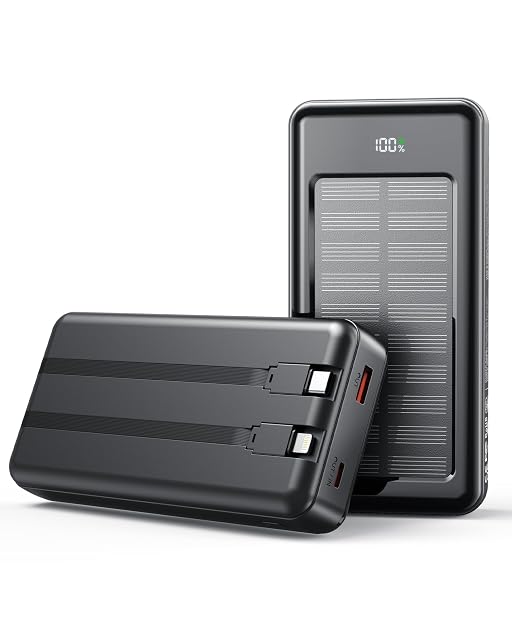 Batería externa solar Bextoo de 27.000 mAh con sus dos cables