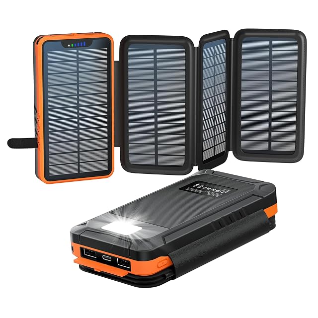 Batería externa solar elzle con sus cuatro paneles solares desplegados