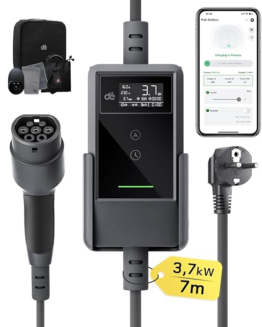 Cable de carga Tipo 2 portátil dé con clavija Schuko y caja de control con pantalla