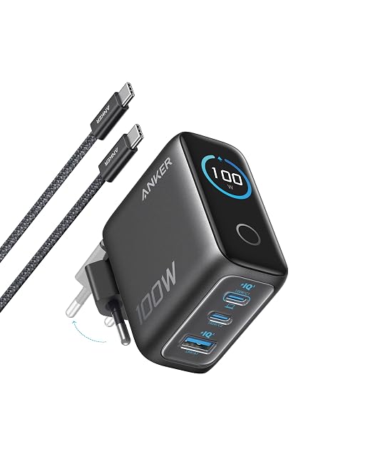 Cargador GaN Anker de 100 W con tres puertos y pantalla inteligente