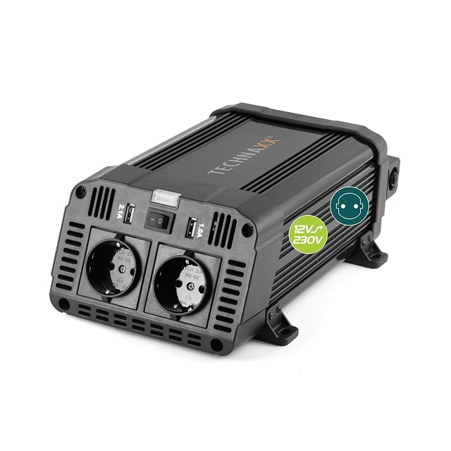 Convertidor de tensión Technaxx TE16 con dos tomas Schuko y su escuadra de fijación